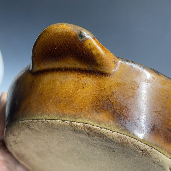 Antique Pottery Yellow Ware Glazed Handled Pie Plate Pan Primitive Glazed Rustic - Picture 15 of 16